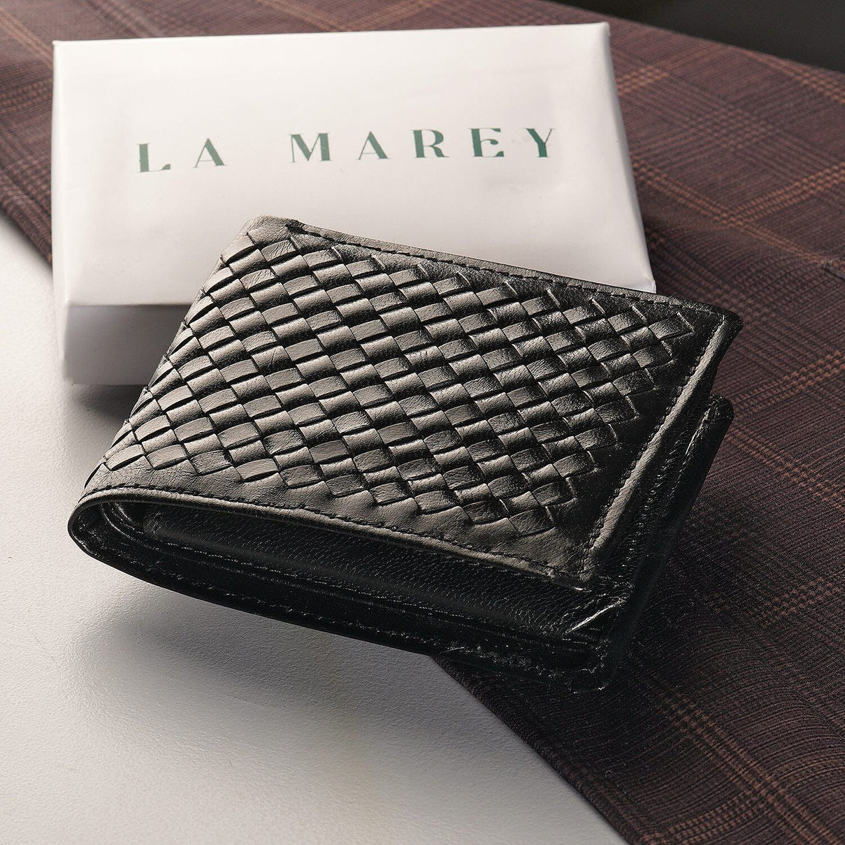 La Marey Hand Woven 100% Genuine Leather Bi-Fold Wallet With RFID protection - Black 7188402 1