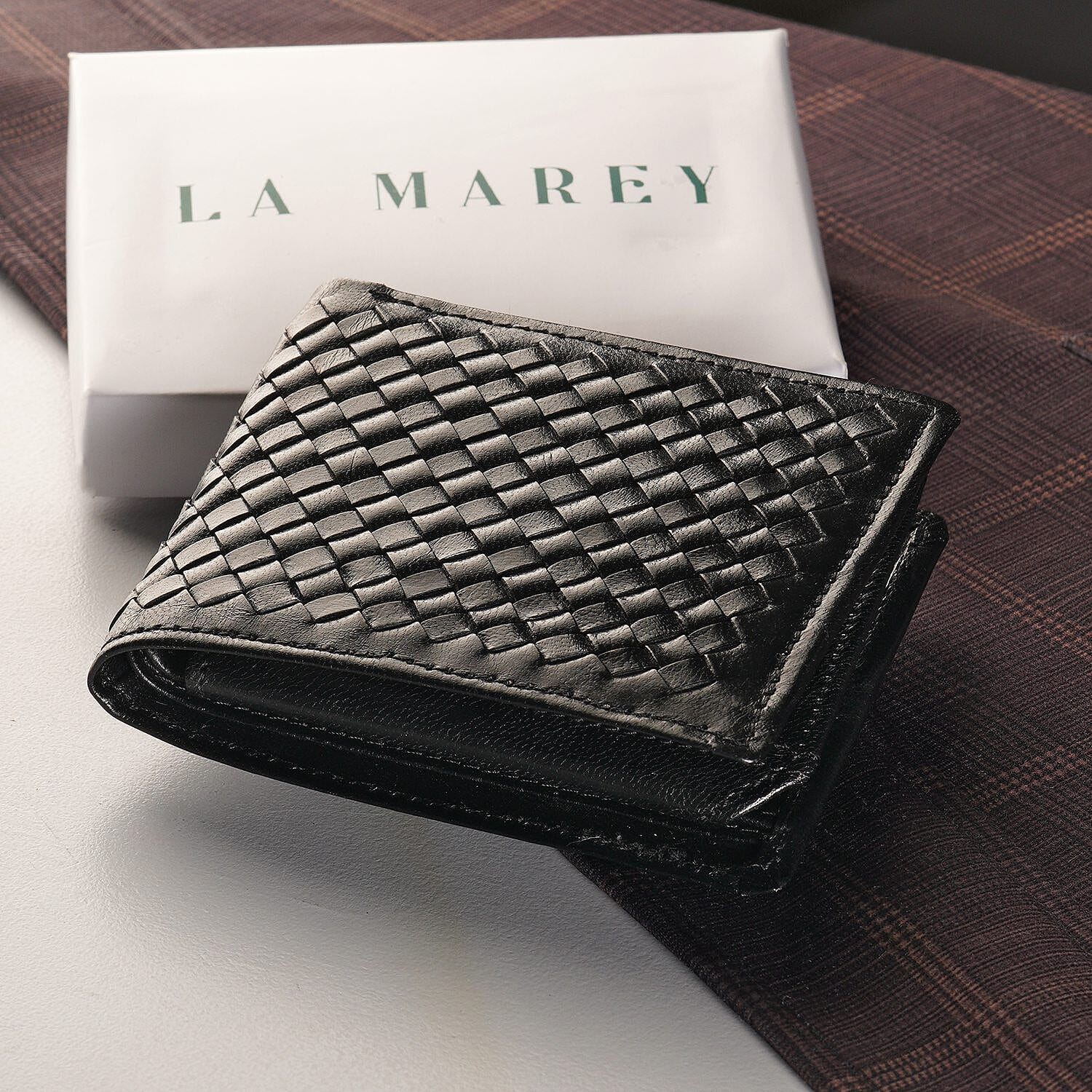 La Marey Hand Woven 100% Genuine Leather Bi-Fold Wallet With RFID protection - Black 7188402 1