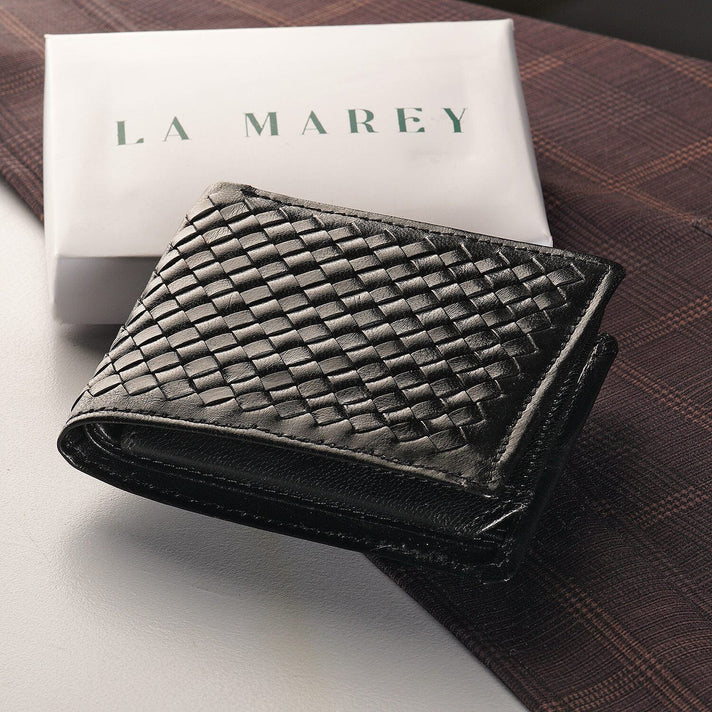 La Marey Hand Woven 100% Genuine Leather Bi-Fold Wallet With RFID protection - Black 7188402 2