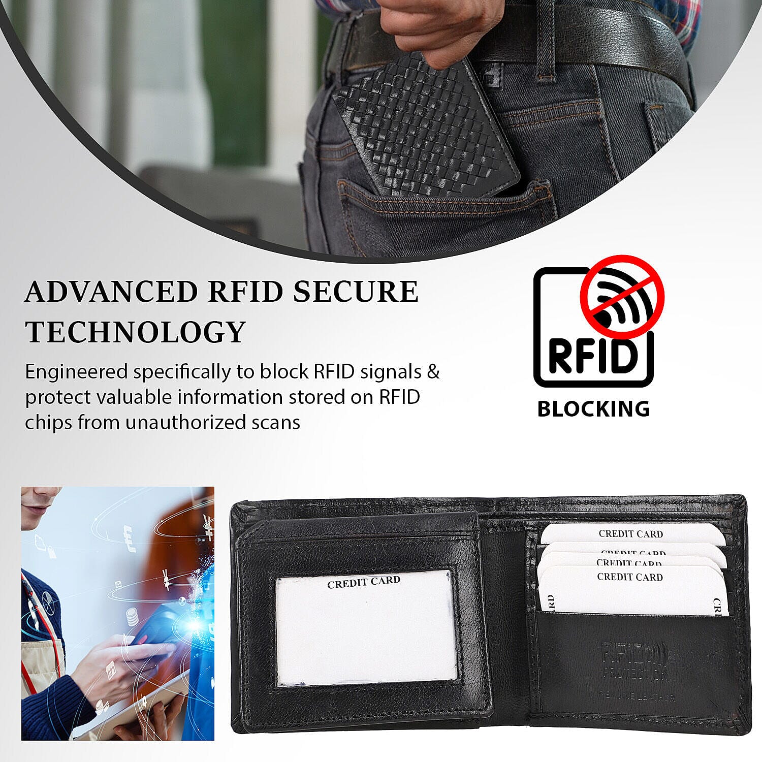 La Marey Hand Woven 100% Genuine Leather Bi-Fold Wallet With RFID protection - Black 7188402 3