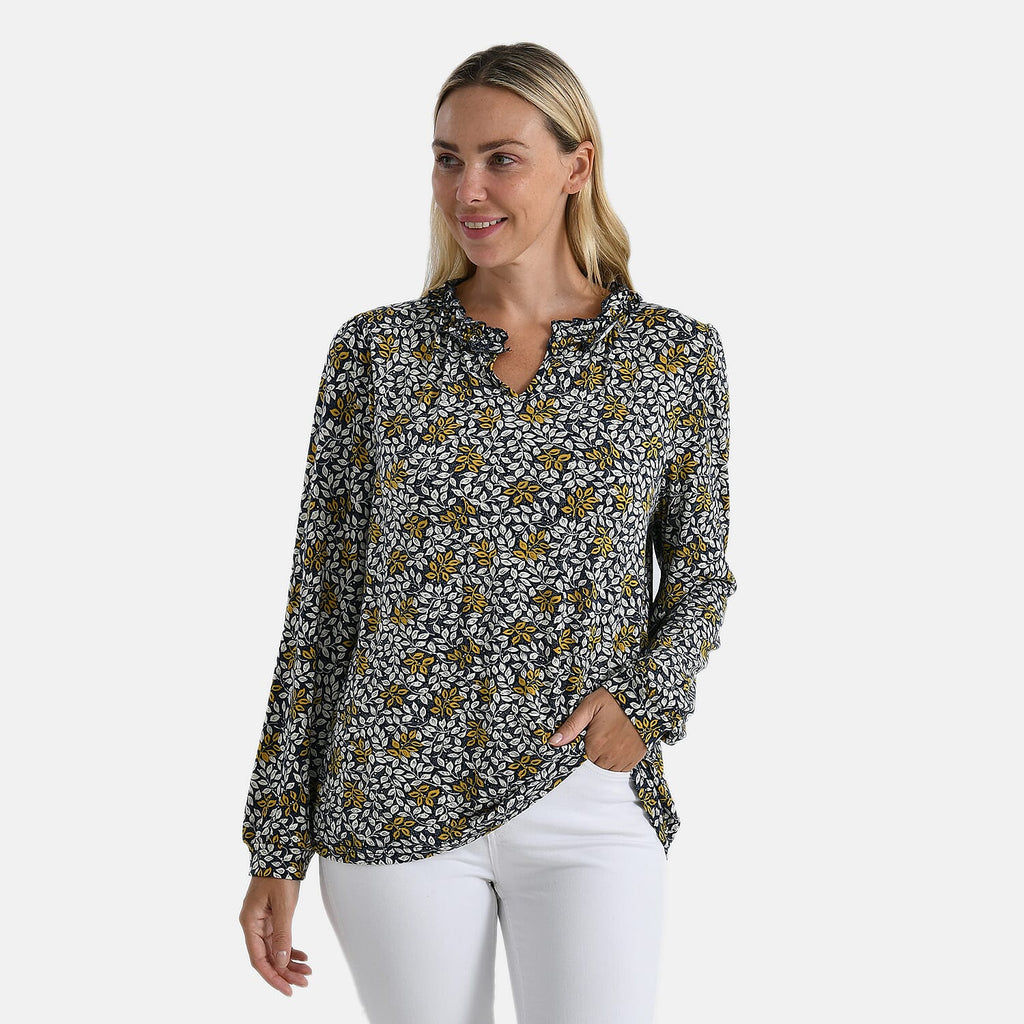 La Marey Leaf Pattern Frill Jersey Blouse (Size L, 16 to 18) - Navy