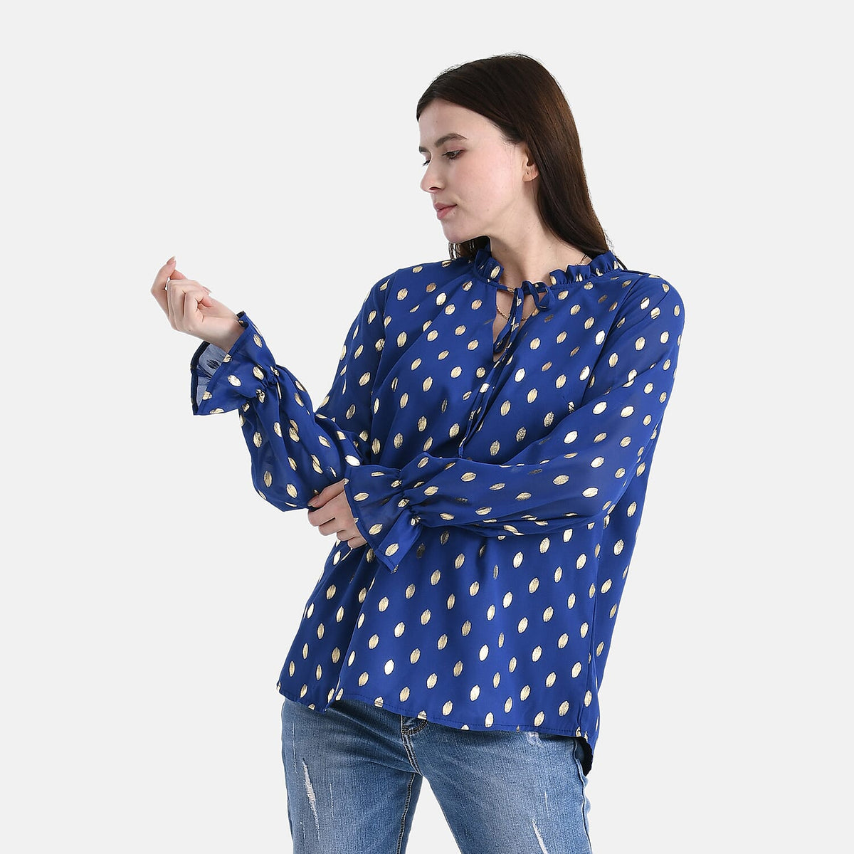La Marey Gold Foil Polka Dot Print Crepe Blouse (Size L, 16 to 18) - Blue V32564121 0