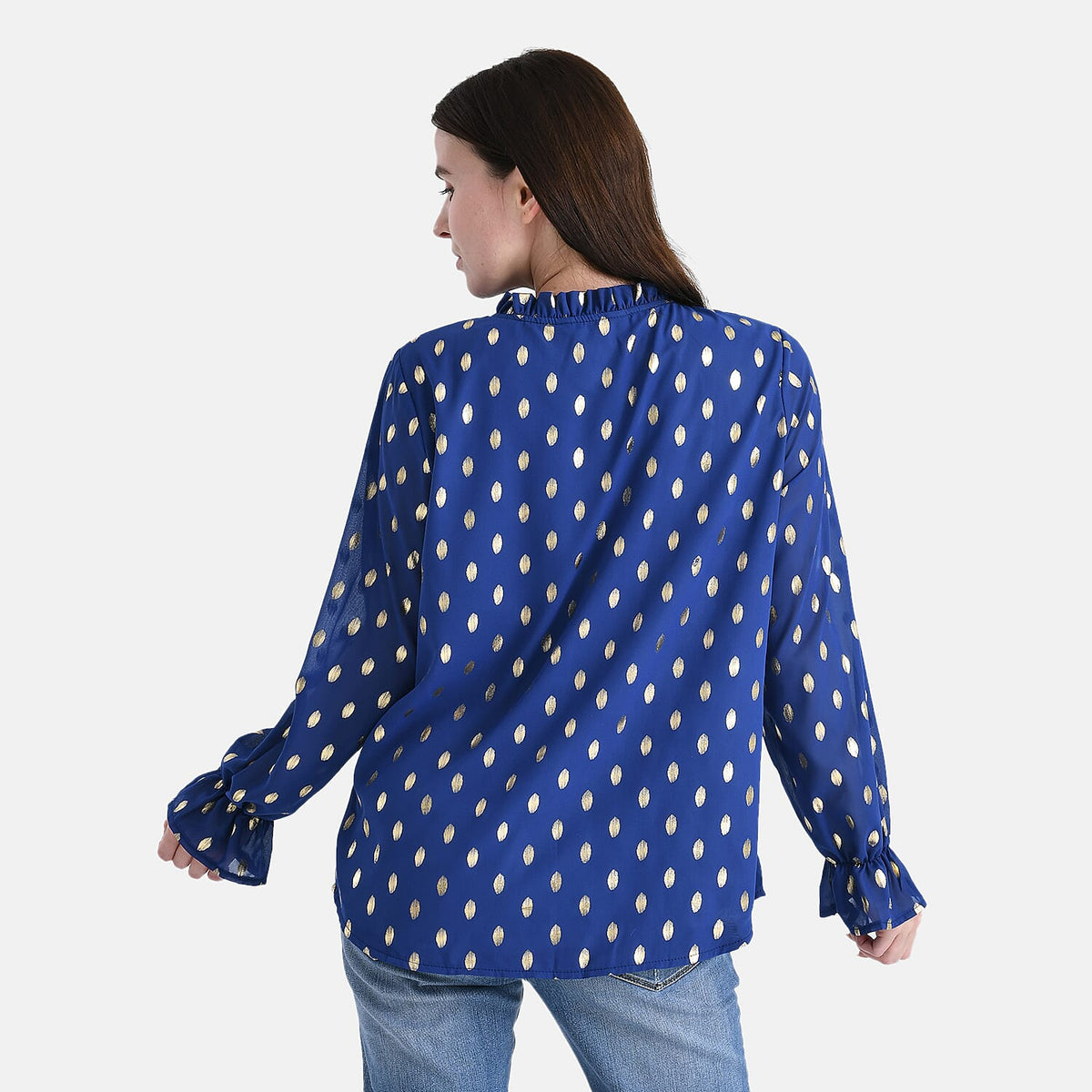 La Marey Gold Foil Polka Dot Print Crepe Blouse (Size L, 16 to 18) - Blue V32564121 2