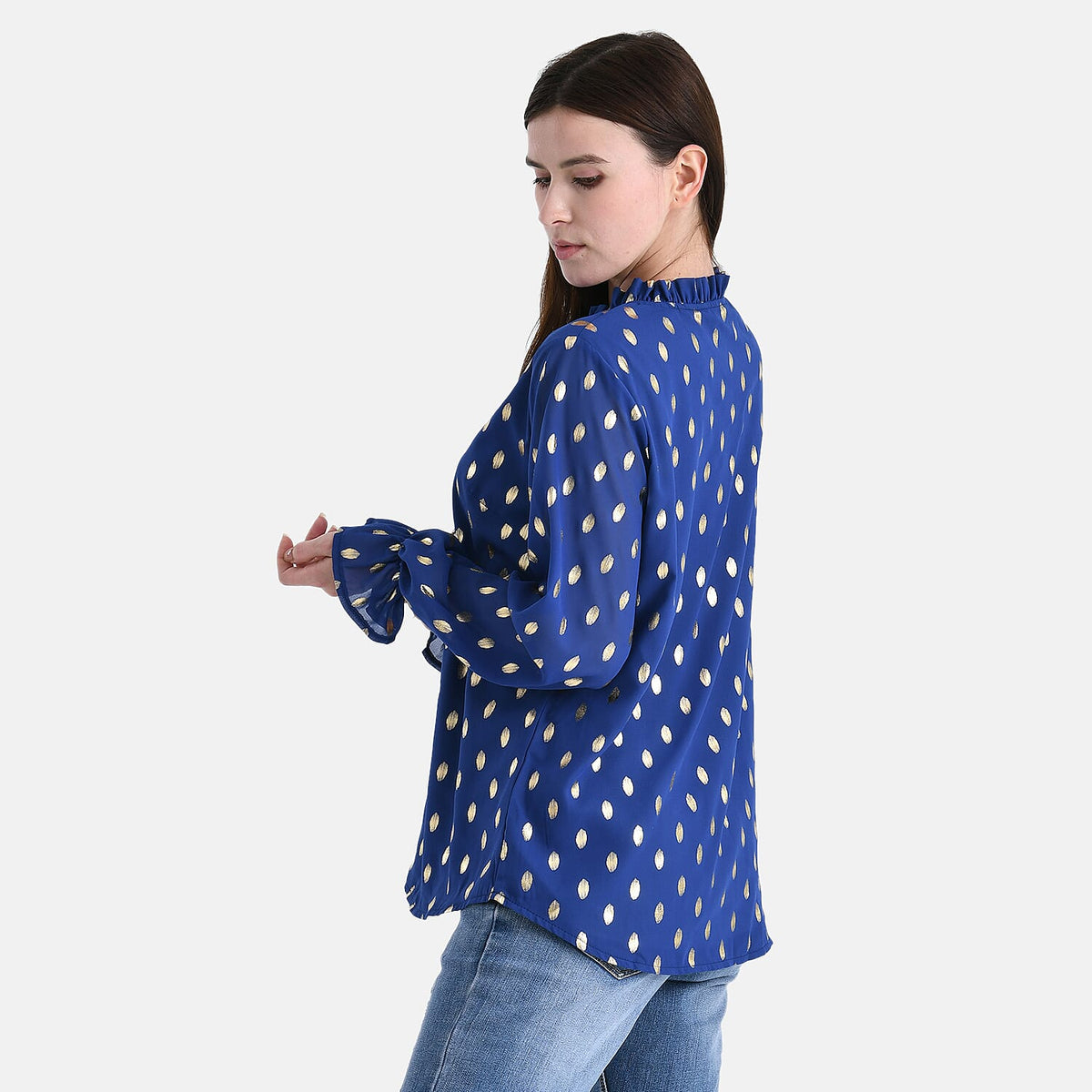 La Marey Gold Foil Polka Dot Print Crepe Blouse (Size L, 16 to 18) - Blue V32564121 3