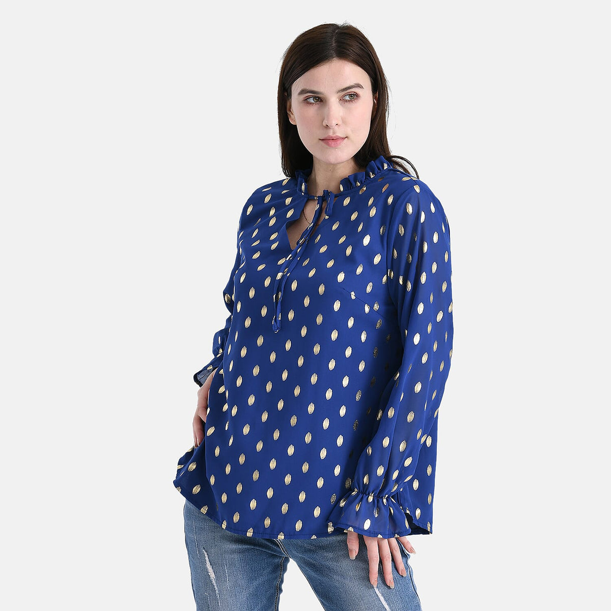 La Marey Gold Foil Polka Dot Print Crepe Blouse (Size L, 16 to 18) - Blue V32564121 4