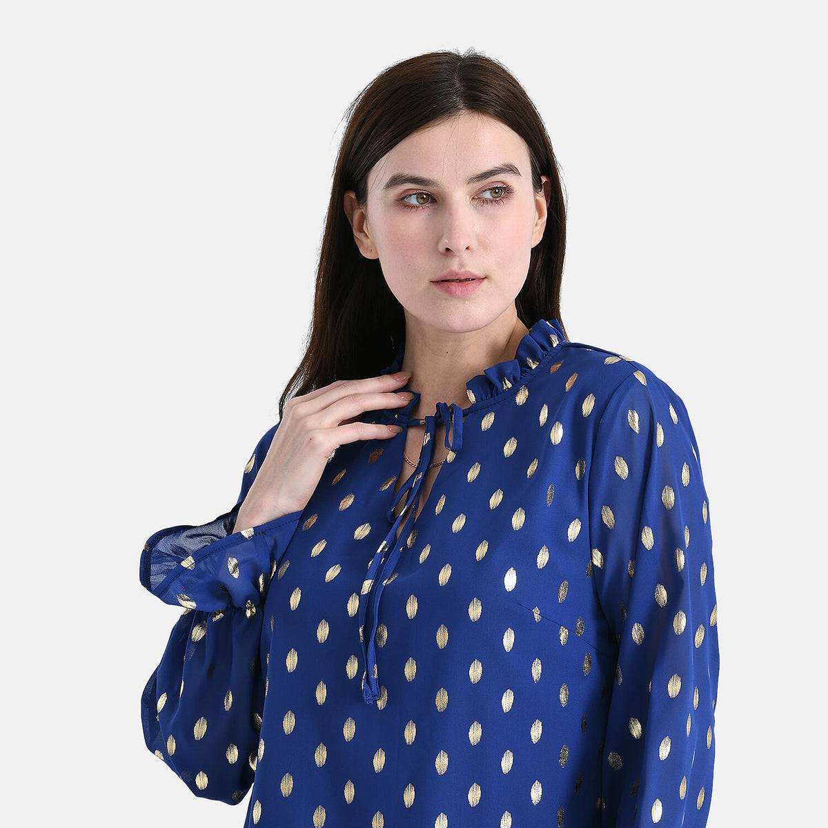La Marey Gold Foil Polka Dot Print Crepe Blouse (Size L, 16 to 18) - Blue V32564121 5