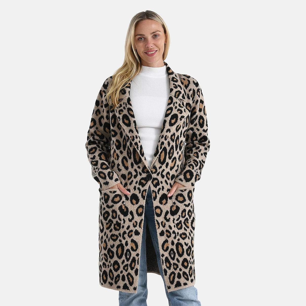 La Marey Leopard Print Longline Knitted Cardigan(Size 10 -22) - Beige 8229270 0