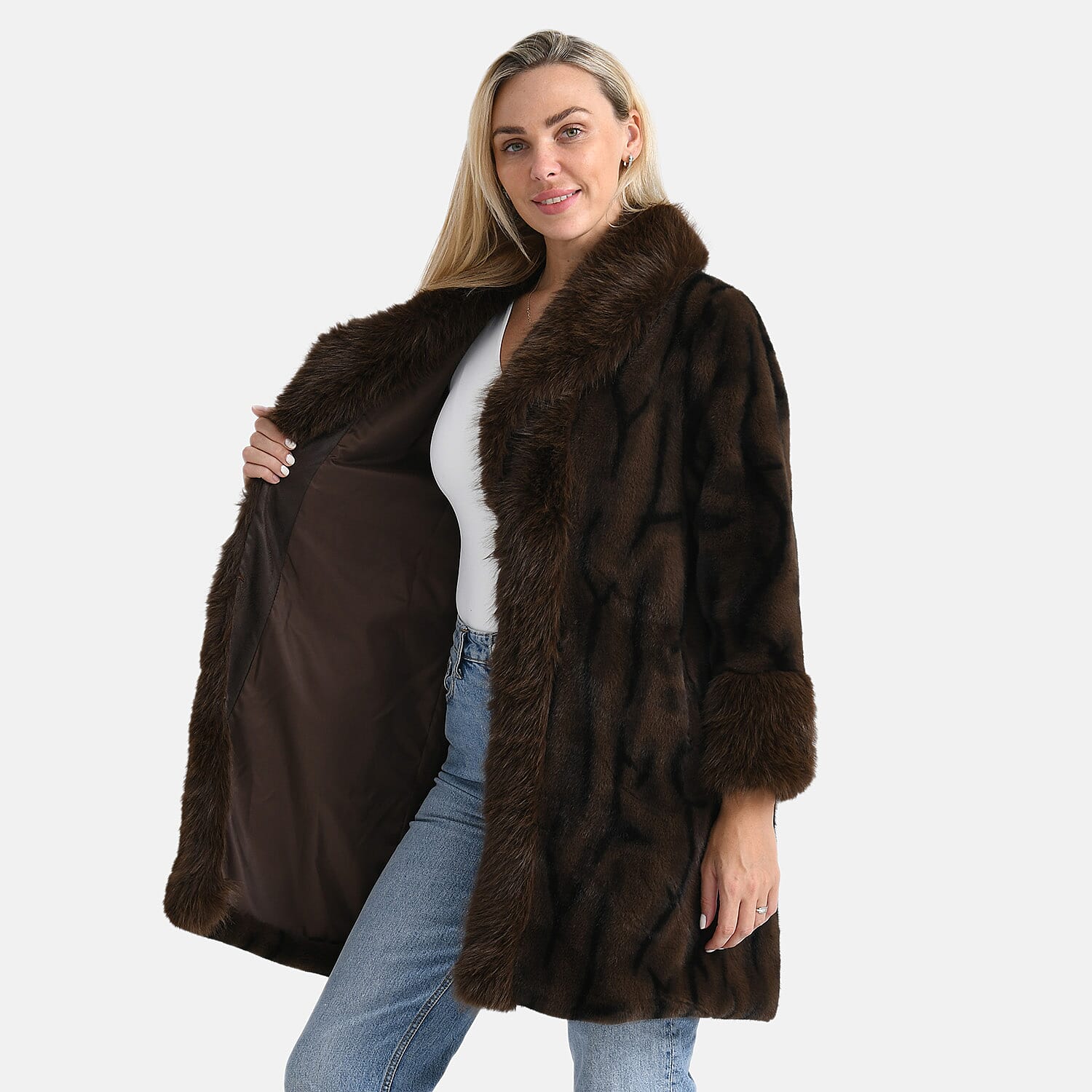 La Marey Women's Signature Leopard Print Faux Fur Longline Coat (Size - L-XL) - Brown 8207983 3