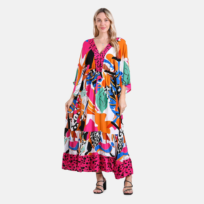 La Marey Bohemian Red Rose &amp; Leopard Mixed Print V-Neck Maxi Dress (One Size) 8032194 1