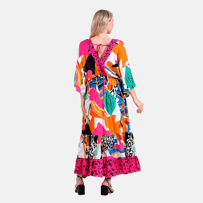 La Marey Bohemian Red Rose &amp; Leopard Mixed Print V-Neck Maxi Dress (One Size) 8032194 2