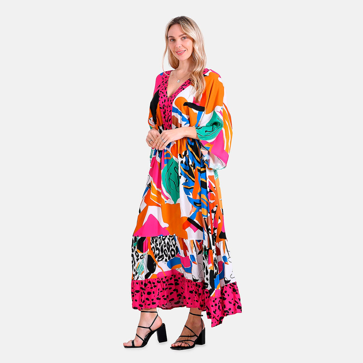 La Marey Bohemian Red Rose &amp; Leopard Mixed Print V-Neck Maxi Dress (One Size) 8032194 3