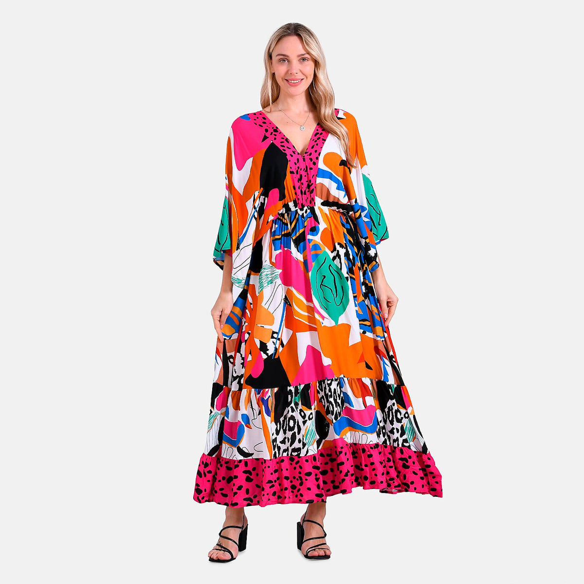 La Marey Bohemian Red Rose &amp; Leopard Mixed Print V-Neck Maxi Dress (One Size) 8032194 4