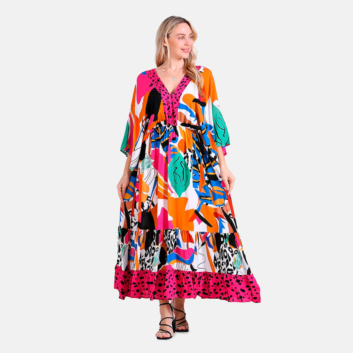 La Marey Bohemian Red Rose &amp; Leopard Mixed Print V-Neck Maxi Dress (One Size) 8032194 5