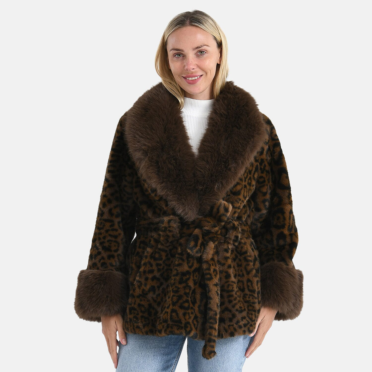 La Marey Luxury Leopard Print Belted Faux Fur Coat (One Size up to size 20 ) - Brown 8247248 0