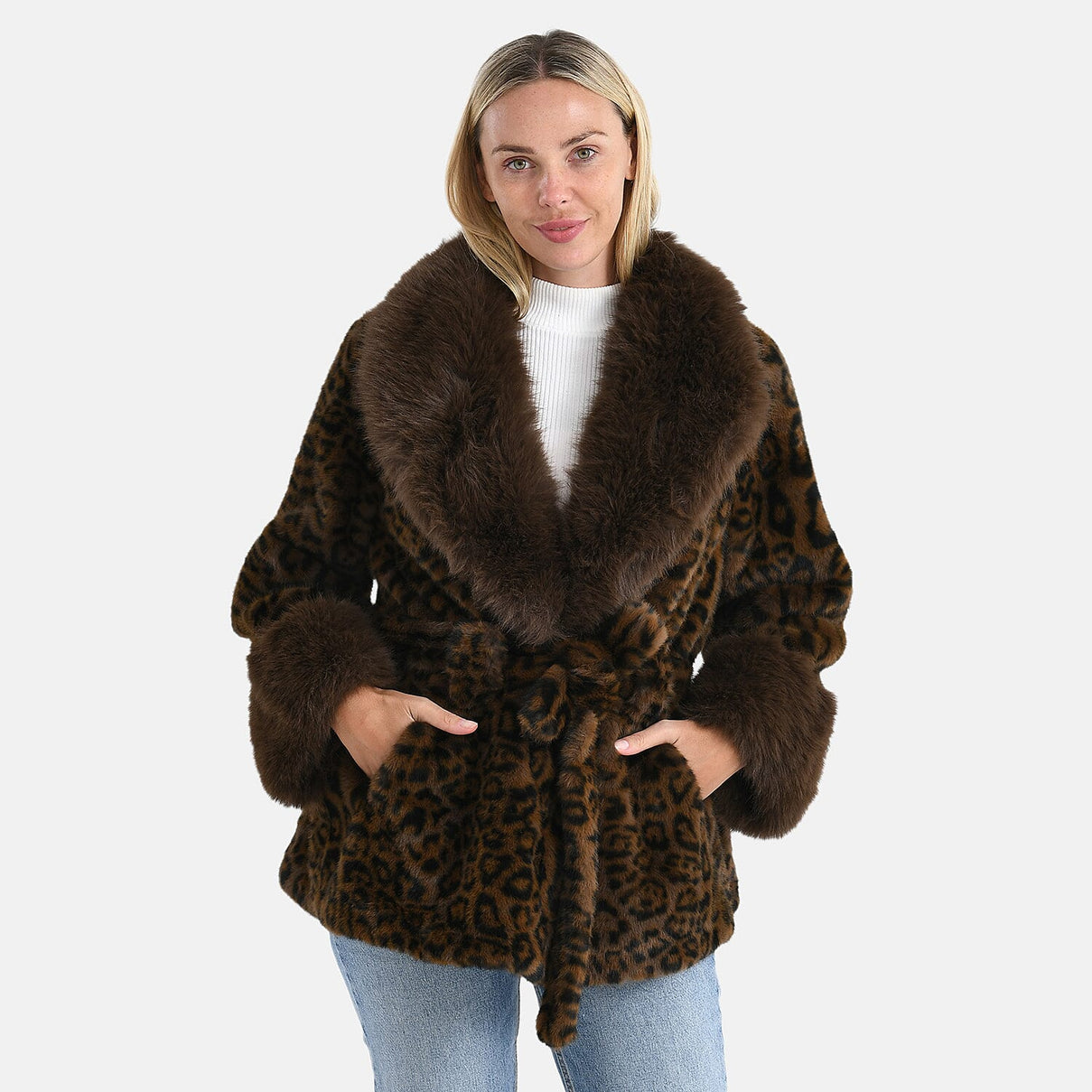 La Marey Luxury Leopard Print Belted Faux Fur Coat (One Size up to size 20 ) - Brown 8247248 2