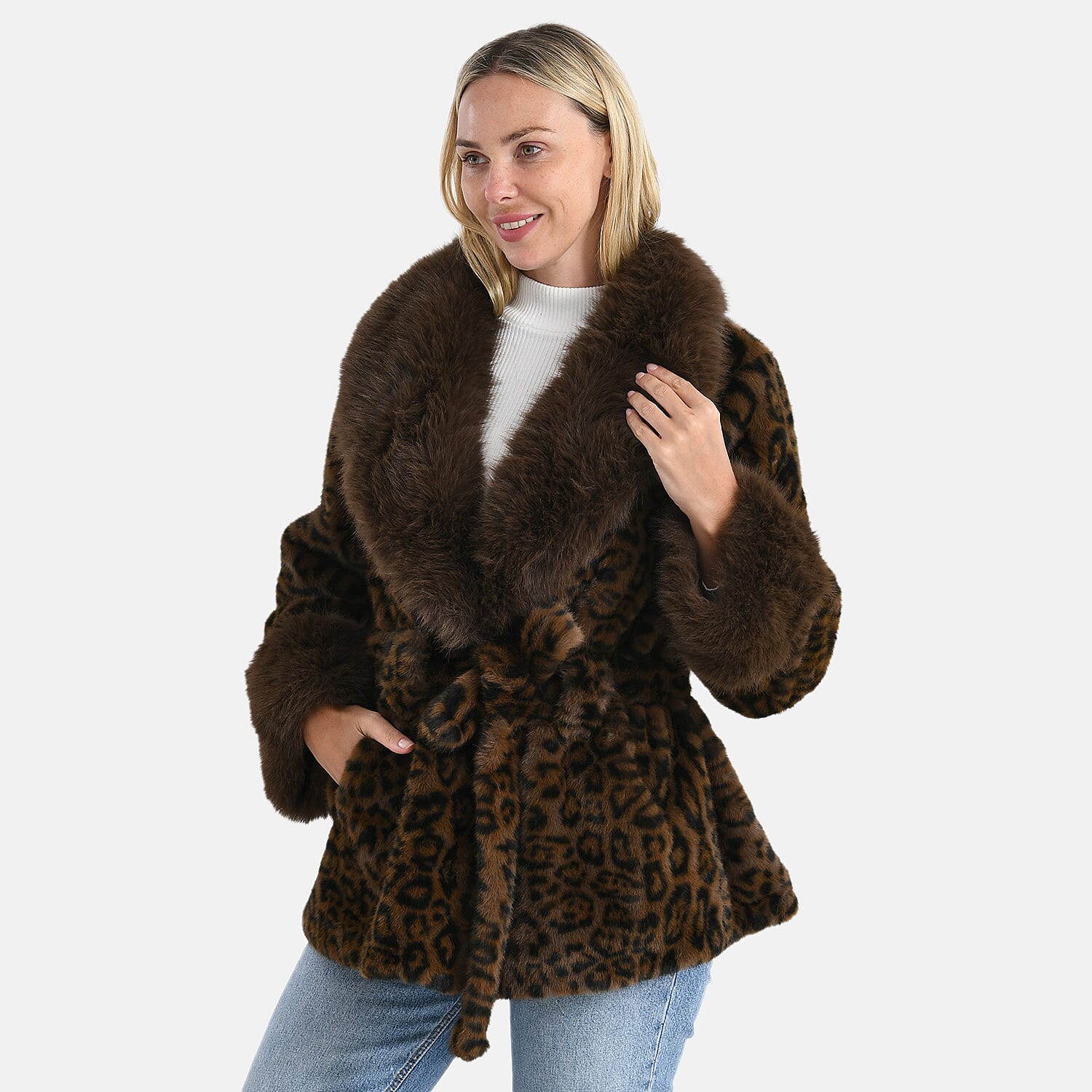 La Marey Luxury Leopard Print Belted Faux Fur Coat (One Size up to size 20 ) - Brown 8247248 3
