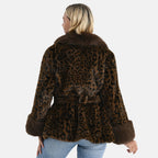 La Marey Luxury Leopard Print Belted Faux Fur Coat (One Size up to size 20 ) - Brown