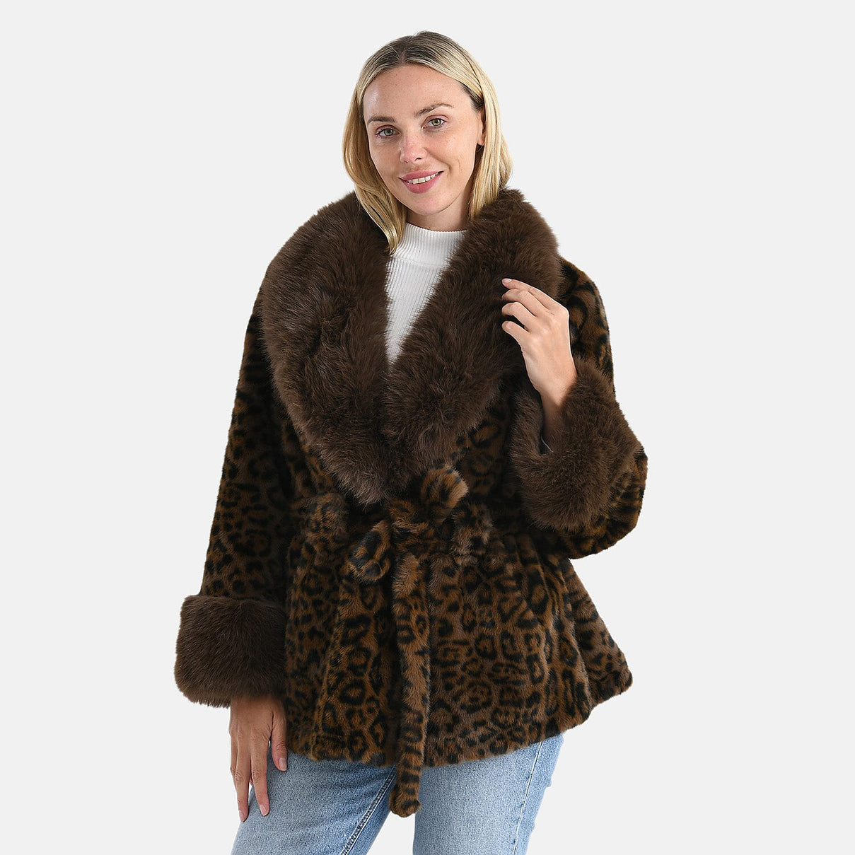 La Marey Luxury Leopard Print Belted Faux Fur Coat (One Size up to size 20 ) - Brown 8247248 5