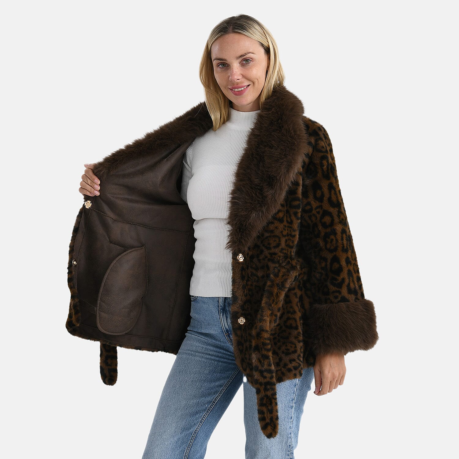 La Marey Luxury Leopard Print Belted Faux Fur Coat (One Size up to size 20 ) - Brown 8247248 6