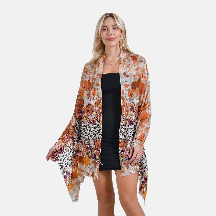 Mothers Day Gift Idea - La Marey 100% Merino Wool Printed Scarf (Size 180x65 cm) - Leopard Print &amp; Floral Pattern 7979629 1