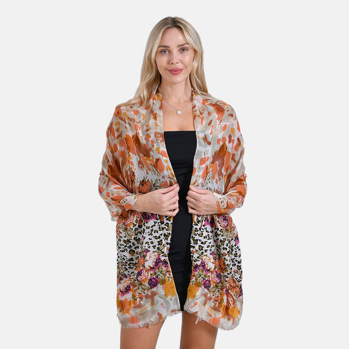 Mothers Day Gift Idea - La Marey 100% Merino Wool Printed Scarf (Size 180x65 cm) - Leopard Print &amp; Floral Pattern 7979629 2