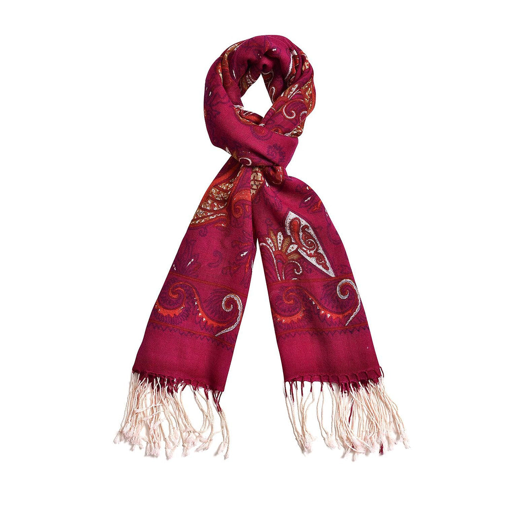 La Marey 100% Merino Wool Paisley Print Scarf (Size 175x65 cm) - Plum Red & Multi