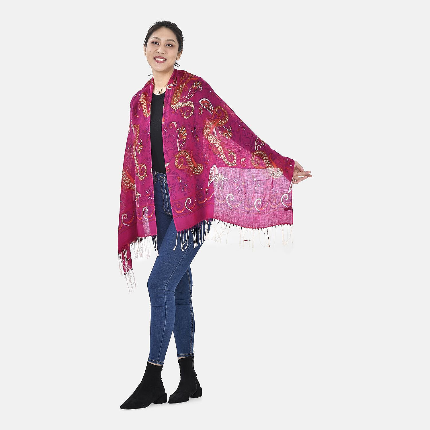 La Marey 100% Merino Wool Irregular Pattern Scarf - Plum Red 7389082 1