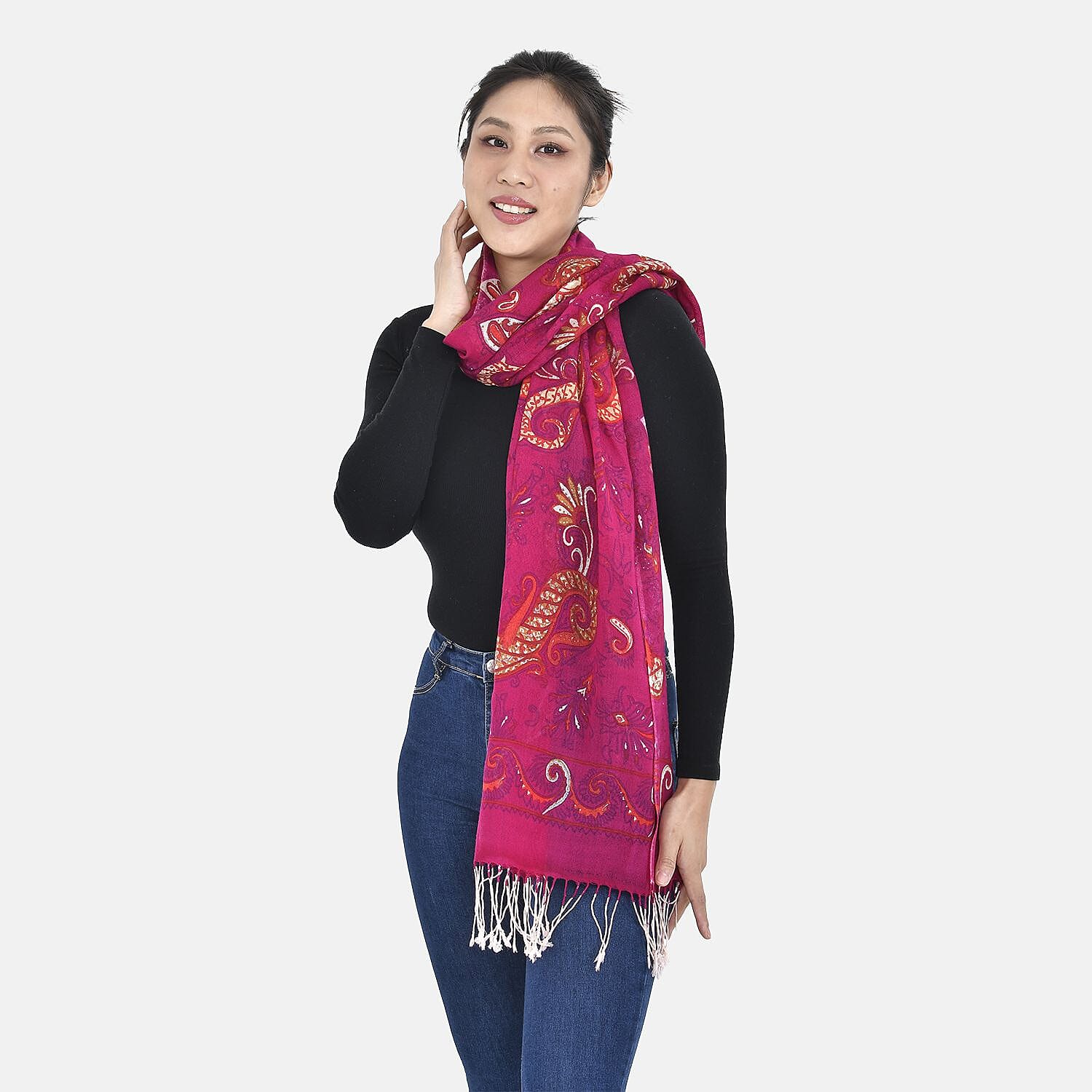 La Marey 100% Merino Wool Irregular Pattern Scarf - Plum Red 7389082 3