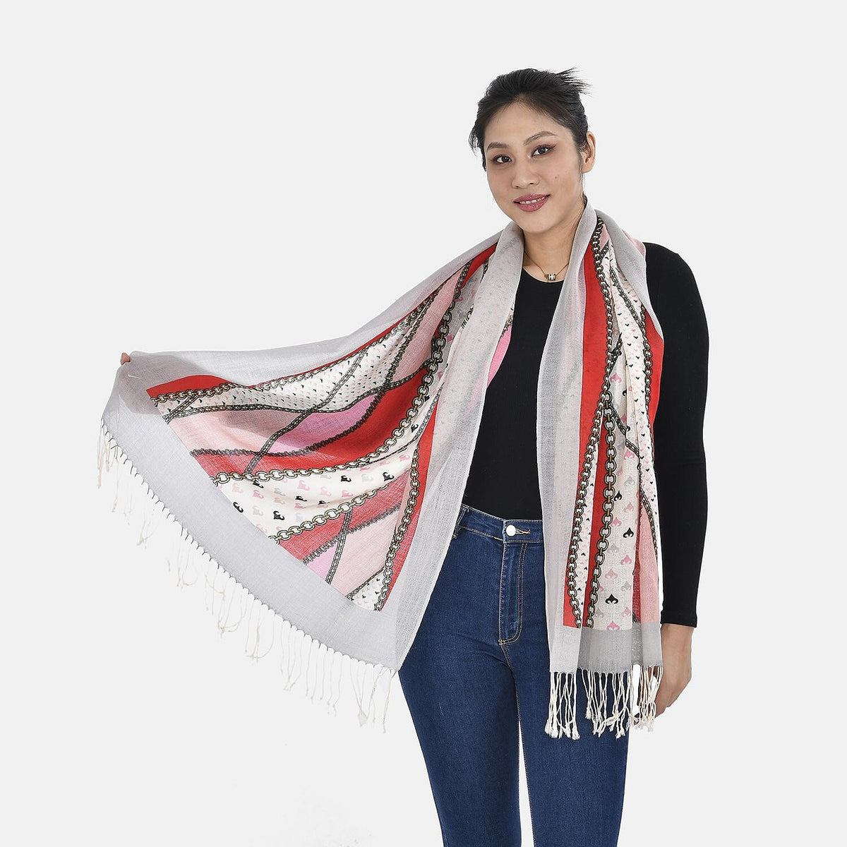 La Marey 100% Merino Wool Ribbon Scarf (Size 65x9 cm) - Red &amp; Pink 7389459 3