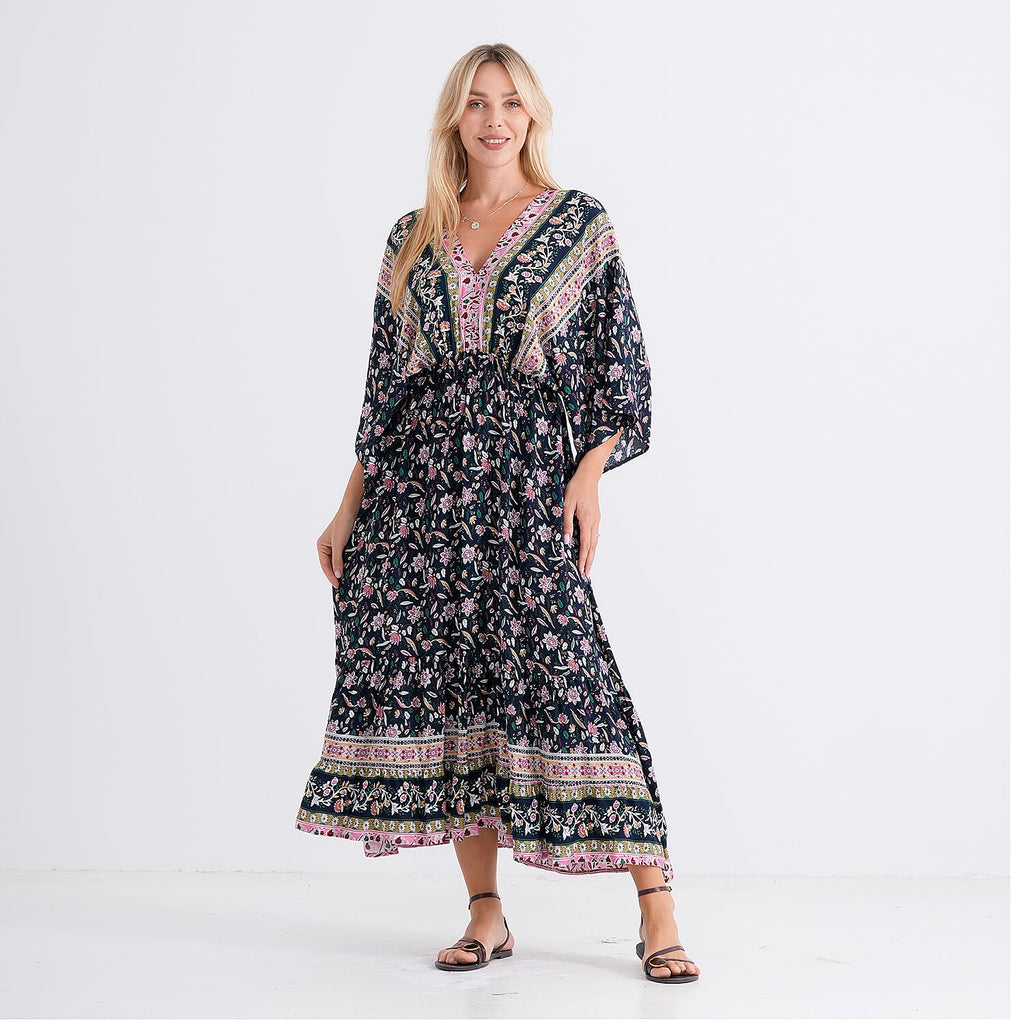 La Marey Mixed Print Elastic Waist Maxi Dress (One Size) - Black & Pink