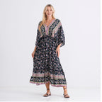 La Marey Mixed Print Elastic Waist Maxi Dress (One Size) - Black & Pink