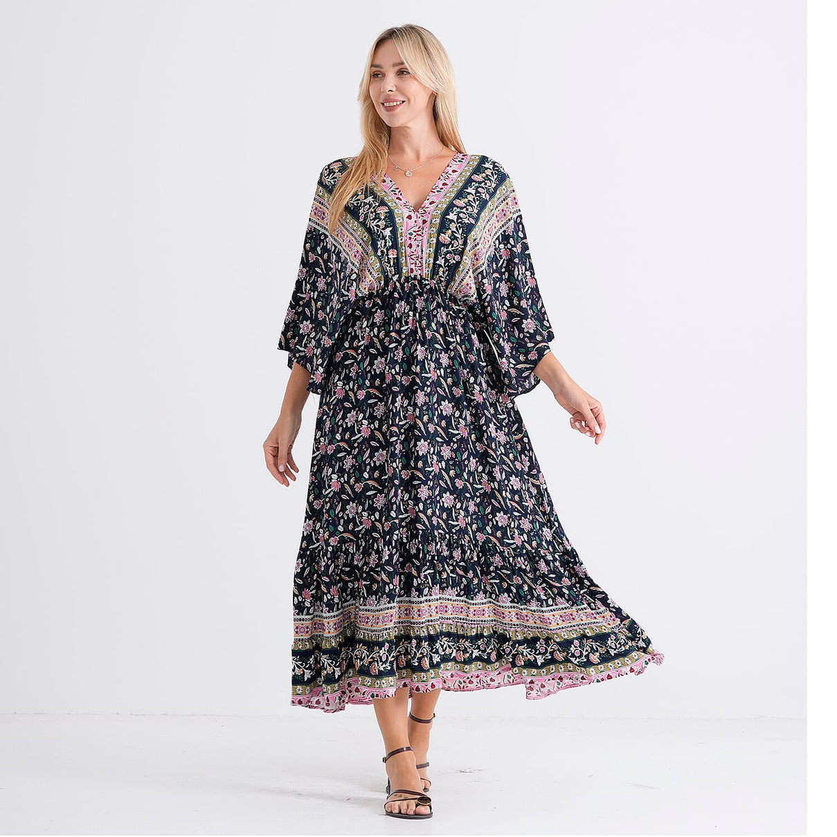 La Marey Mixed Print Elastic Waist Maxi Dress (One Size) - Black &amp; Pink V32520248 2
