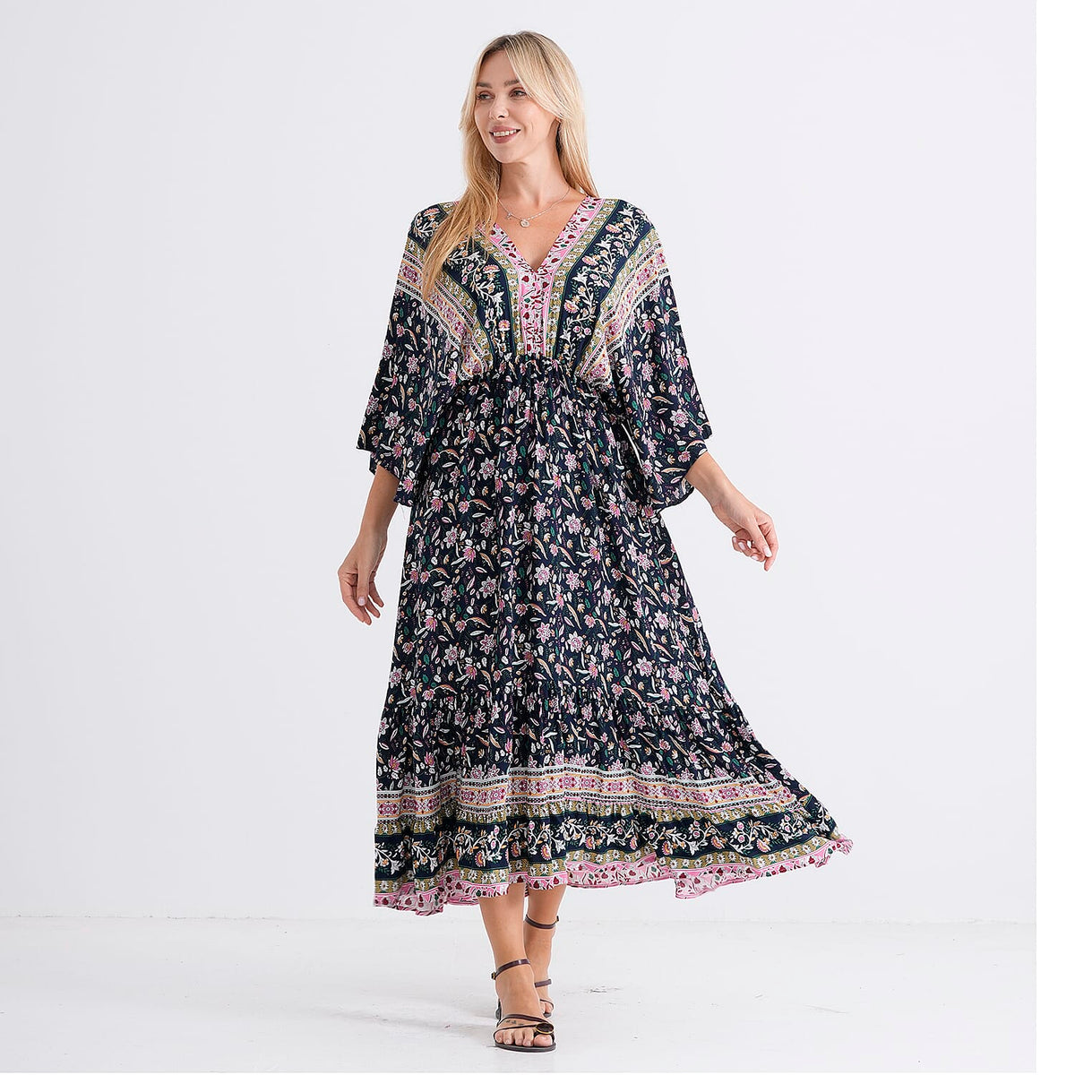 La Marey Mixed Print Elastic Waist Maxi Dress (One Size) - Black &amp; Pink V32520248 2