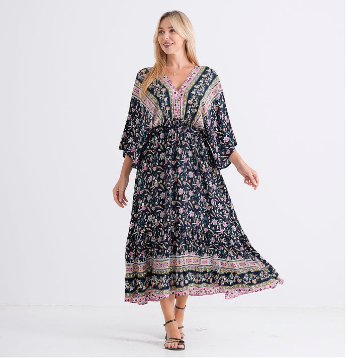 La Marey Mixed Print Elastic Waist Maxi Dress (One Size) - Black &amp; Pink 8436983 2