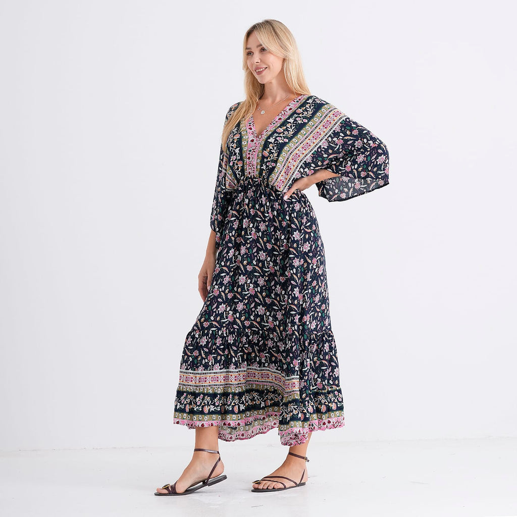 La Marey Mixed Print Elastic Waist Maxi Dress (One Size) - Black & Pink