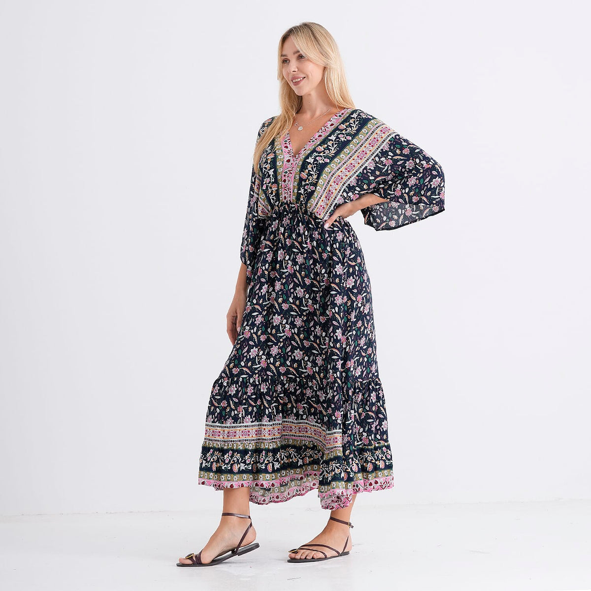La Marey Mixed Print Elastic Waist Maxi Dress (One Size) - Black &amp; Pink V32520248 3