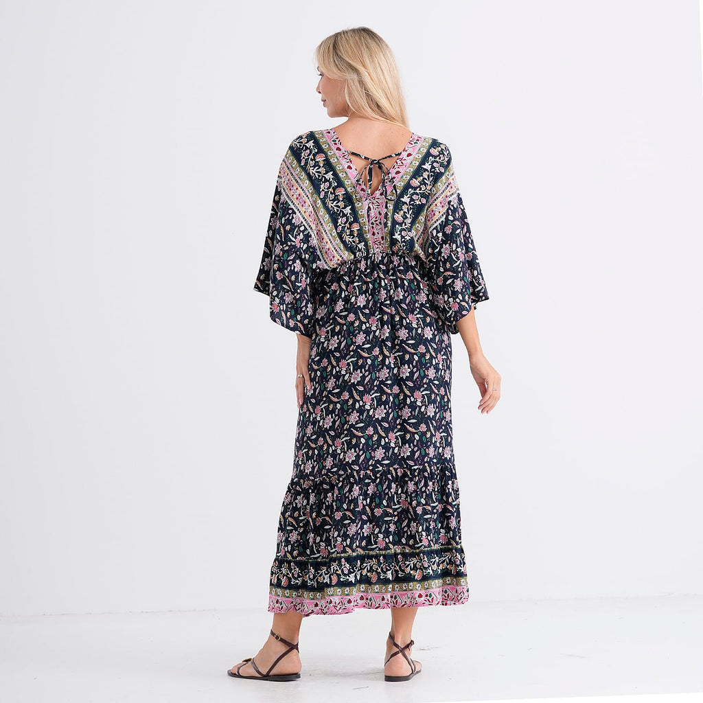 La Marey Mixed Print Elastic Waist Maxi Dress (One Size) - Black & Pink