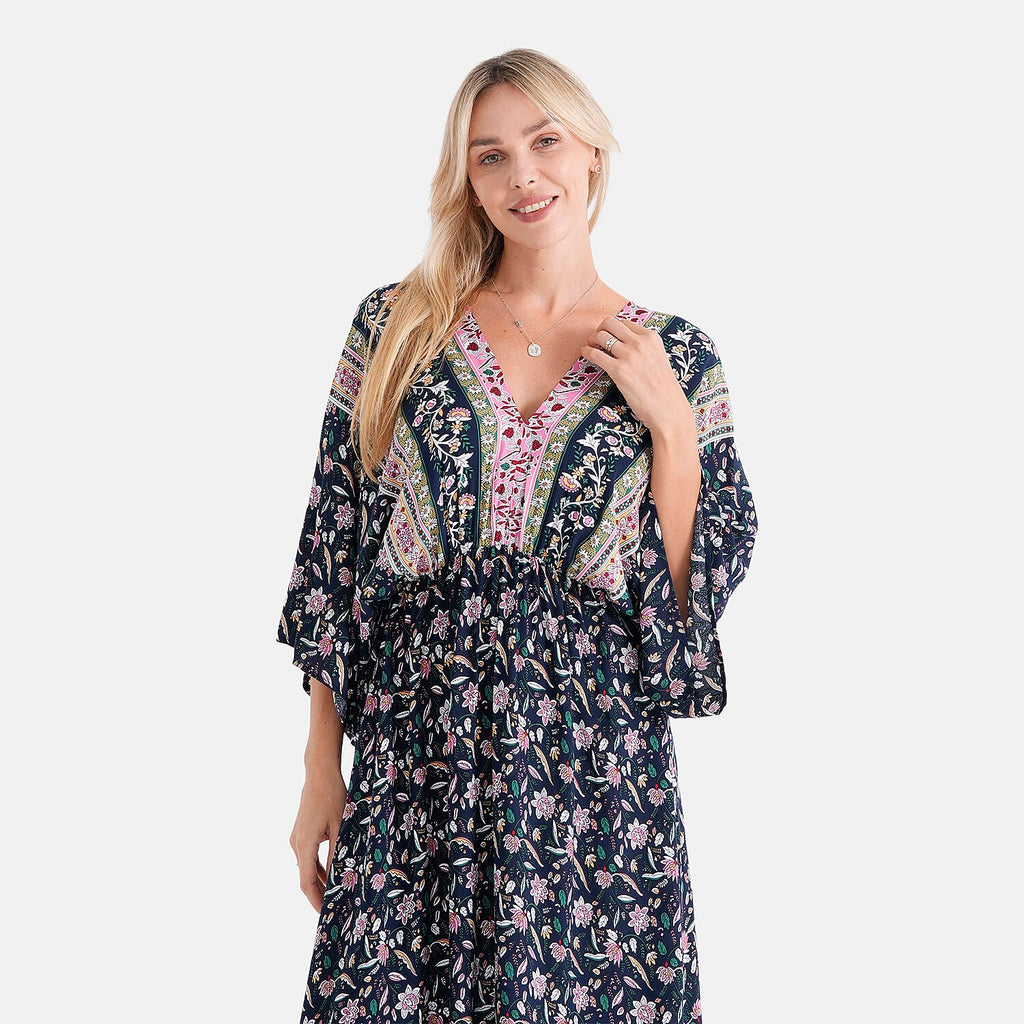 La Marey Mixed Print Elastic Waist Maxi Dress (One Size) - Black & Pink