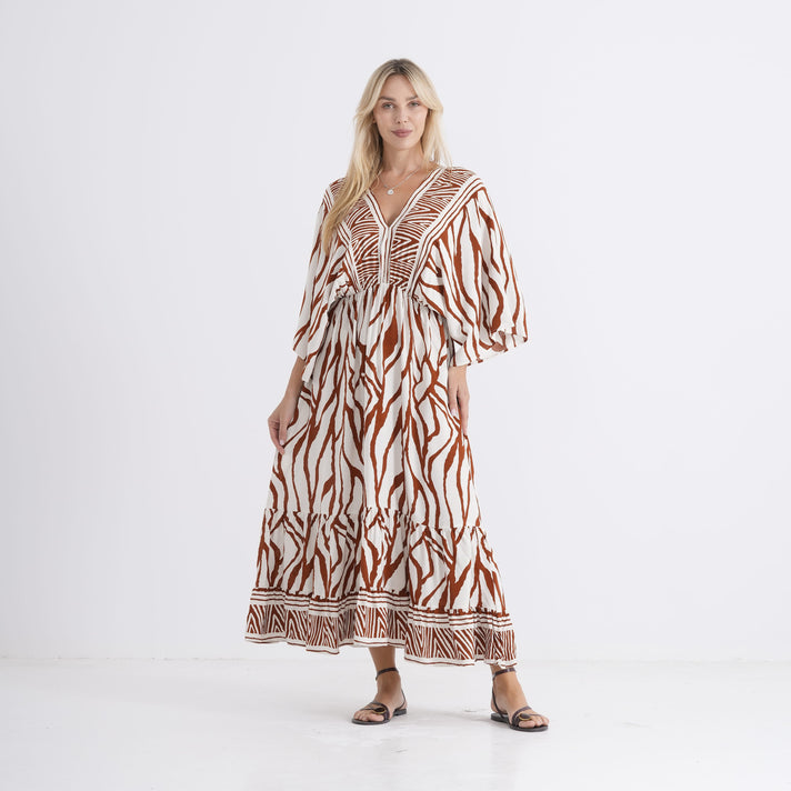 La Marey Mixed Print Elastic Waist Maxi Dress (One Size) - White &amp; Red 8437309 1