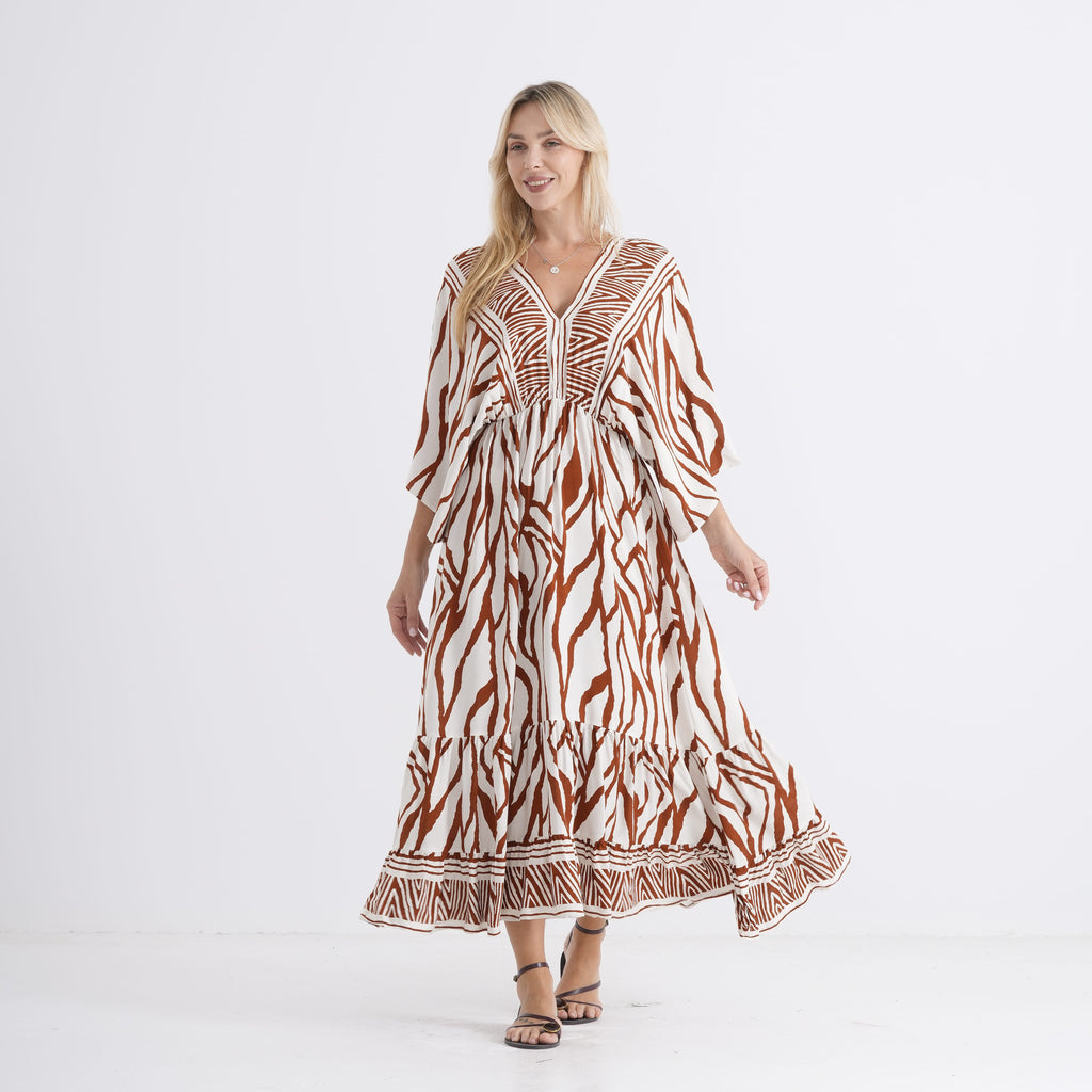 La Marey Mixed Print Elastic Waist Maxi Dress (One Size) - White & Red