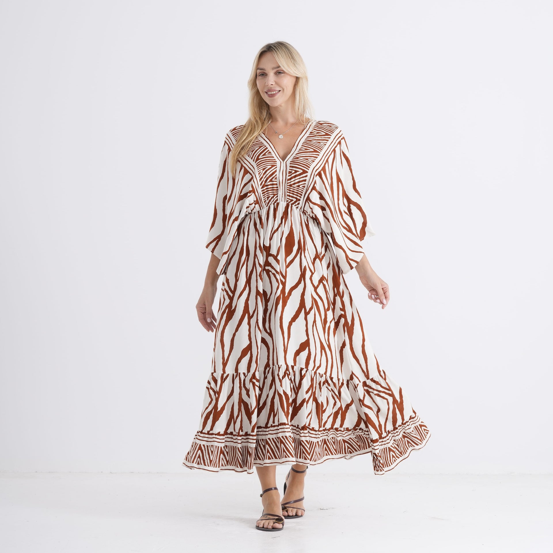 La Marey Mixed Print Elastic Waist Maxi Dress (One Size) - White &amp; Red V32528576 2