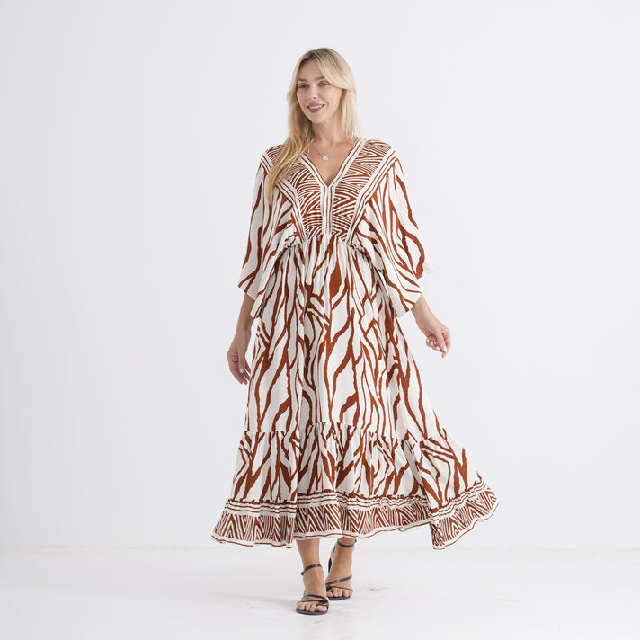 La Marey Mixed Print Elastic Waist Maxi Dress (One Size) - White &amp; Red 8437309 2