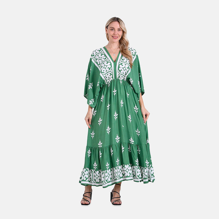 La Marey Mixed Print Elastic Waist V-Neck Maxi Dress with Kimono Sleeves 8032390 1