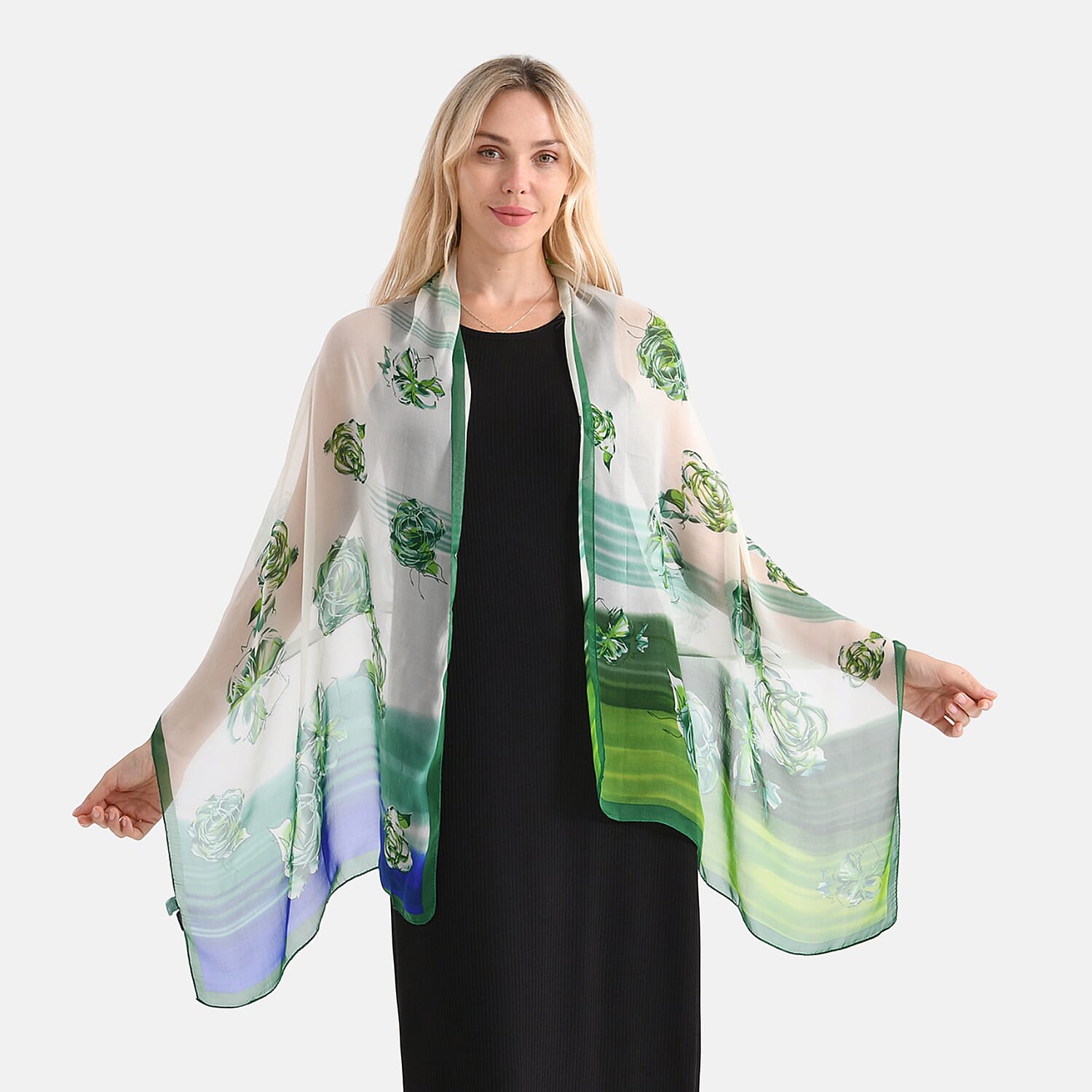 La Marey Mulberry Silk Floral Print Scarf (175 x 65cm) - Blue &amp; Green 8166906 0