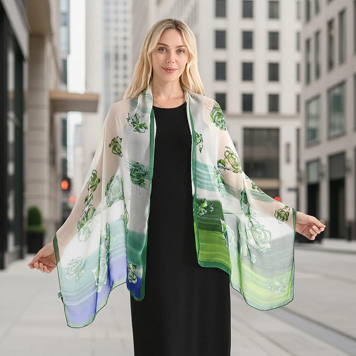 La Marey Mulberry Silk Floral Print Scarf (175 x 65cm) - Blue &amp; Green 8166906 2