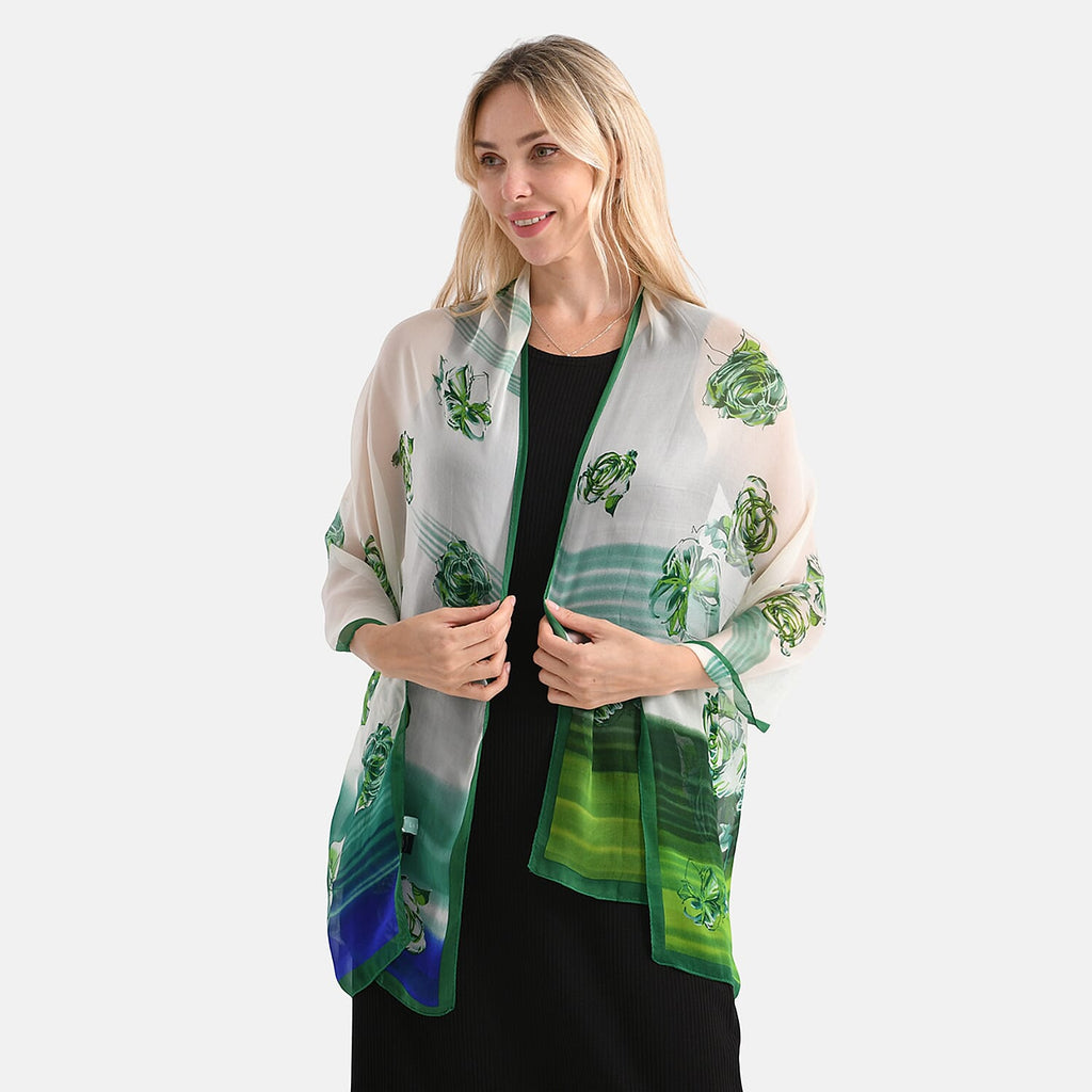 La Marey Mulberry Silk Floral Print Scarf (175 x 65cm) - Blue & Green