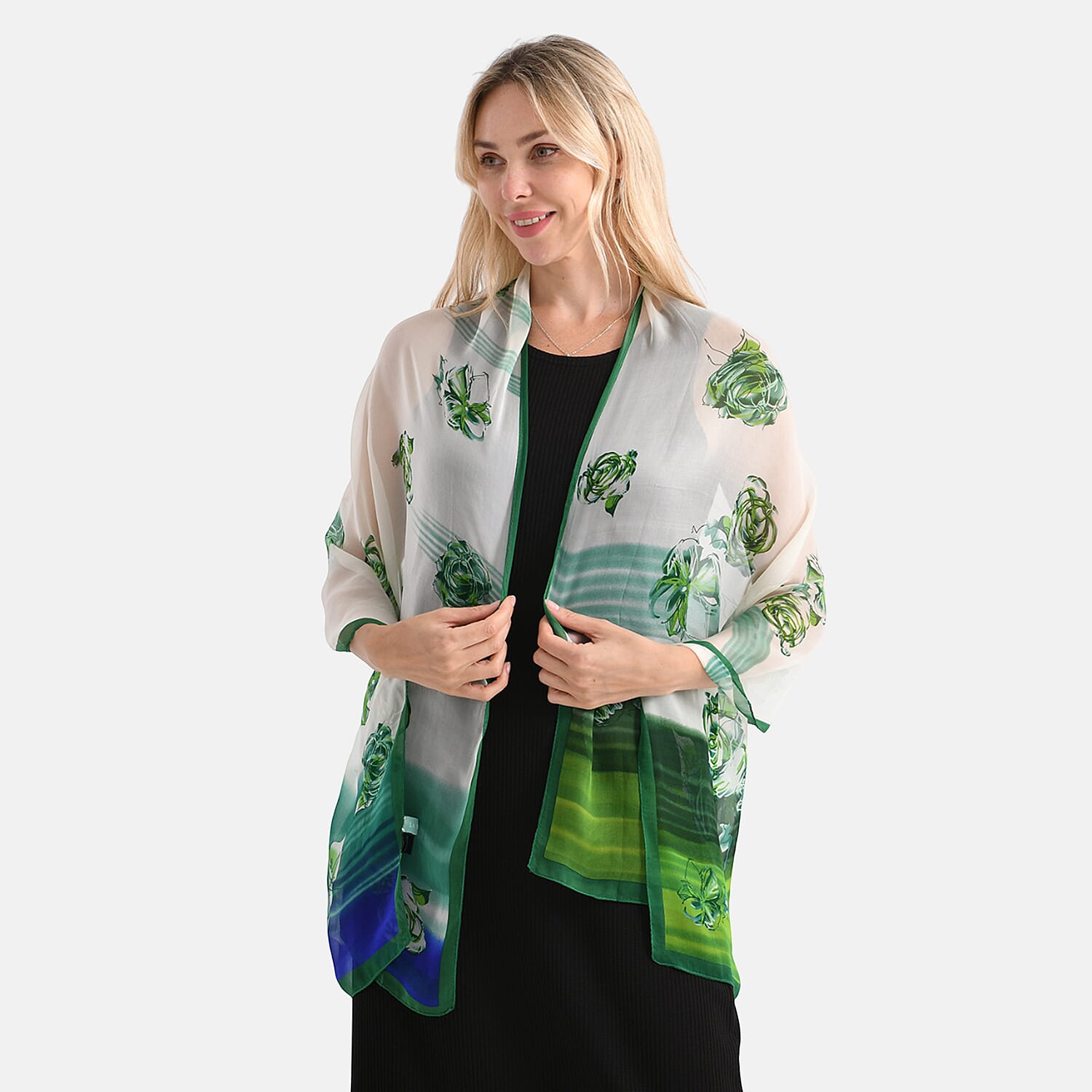 La Marey Mulberry Silk Floral Print Scarf (175 x 65cm) - Blue &amp; Green 8166906 3