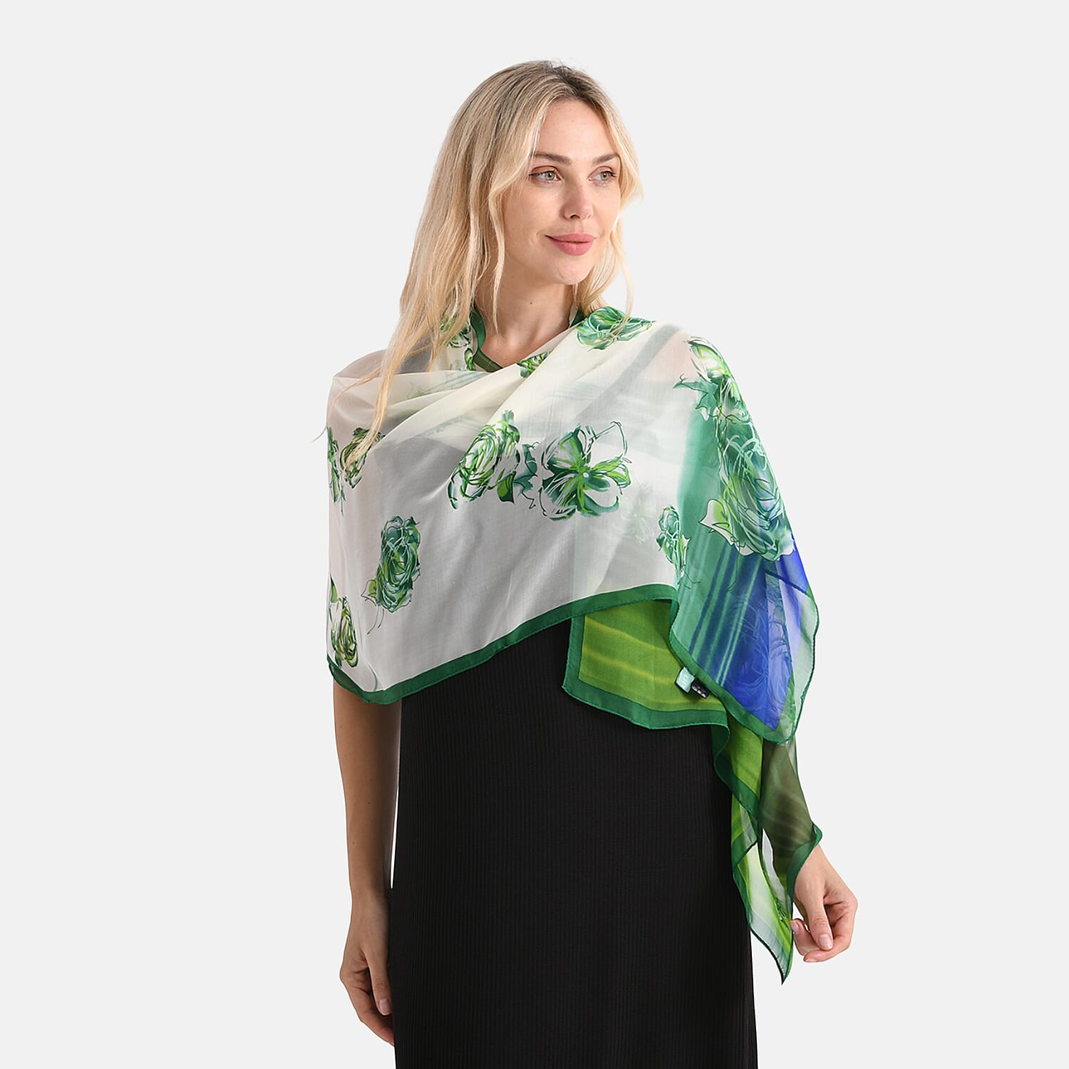 La Marey Mulberry Silk Floral Print Scarf (175 x 65cm) - Blue &amp; Green 8166906 4