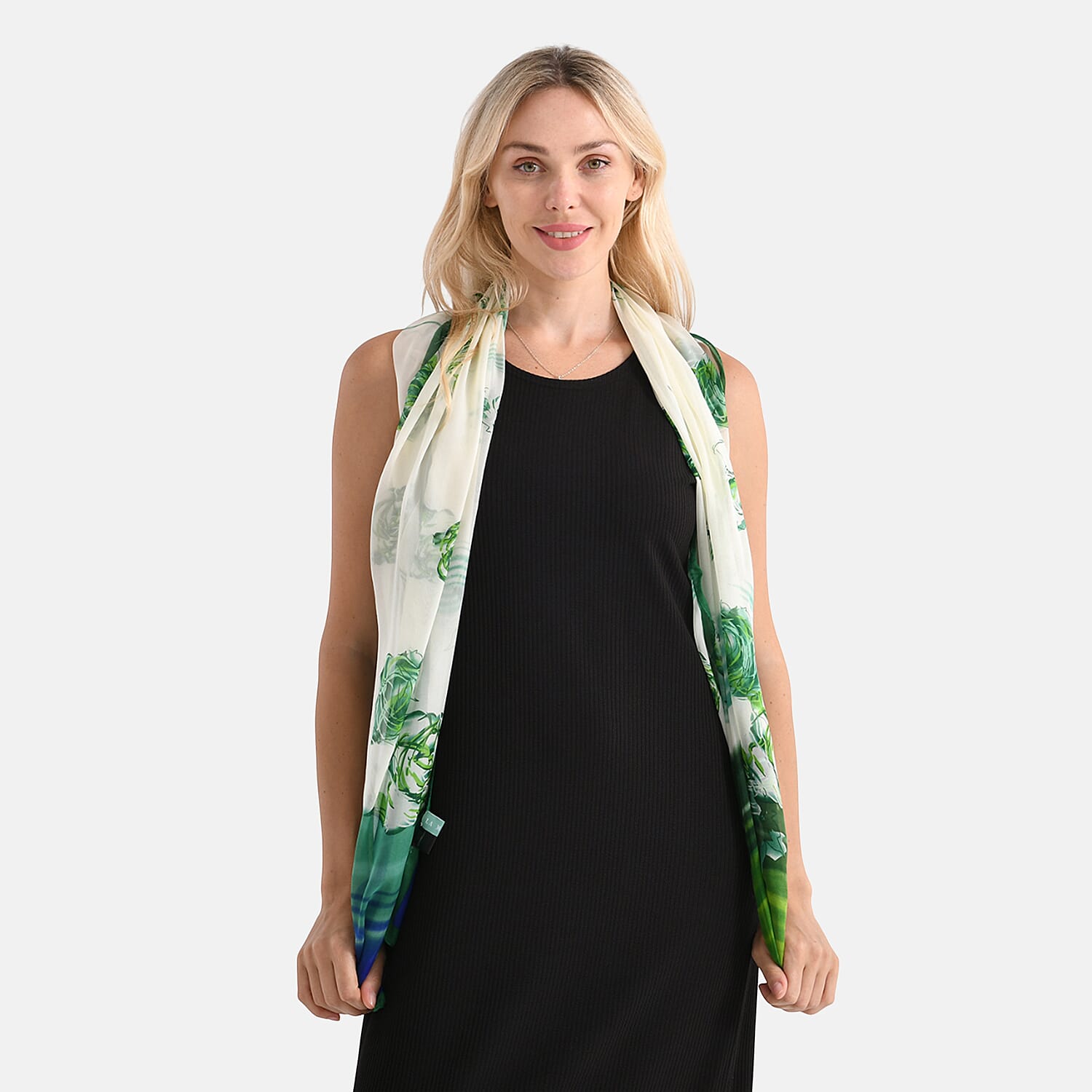 La Marey Mulberry Silk Floral Print Scarf (175 x 65cm) - Blue &amp; Green 8166906 5
