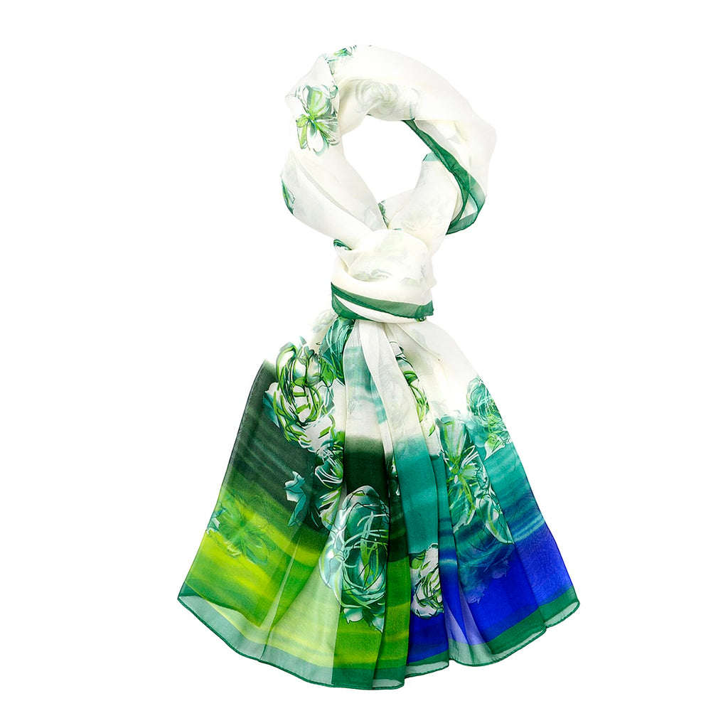 La Marey Mulberry Silk Floral Print Scarf (175 x 65cm) - Blue & Green